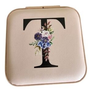 New Pink Jewelry Box Case Small Floral Travel Initial T  Ring Earrings